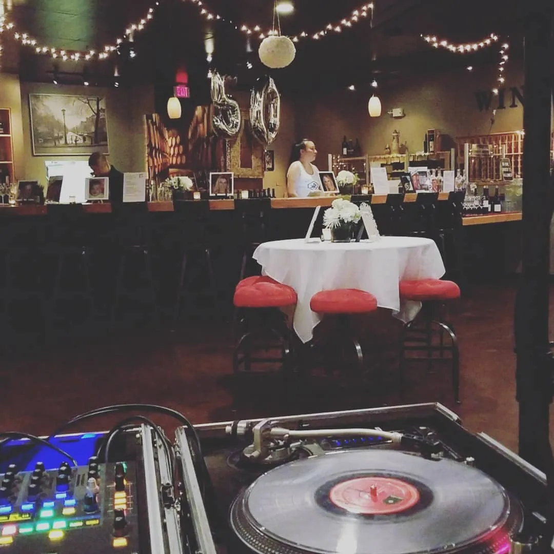 Bar and dining room behind the turntables at an evening gig