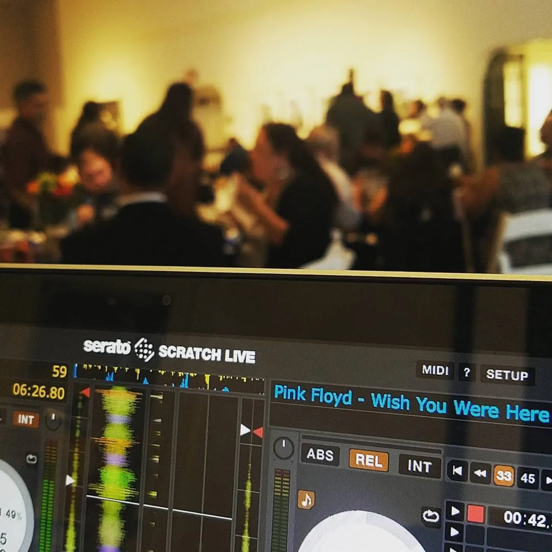 Serato waveforms on screen with a crowd behind